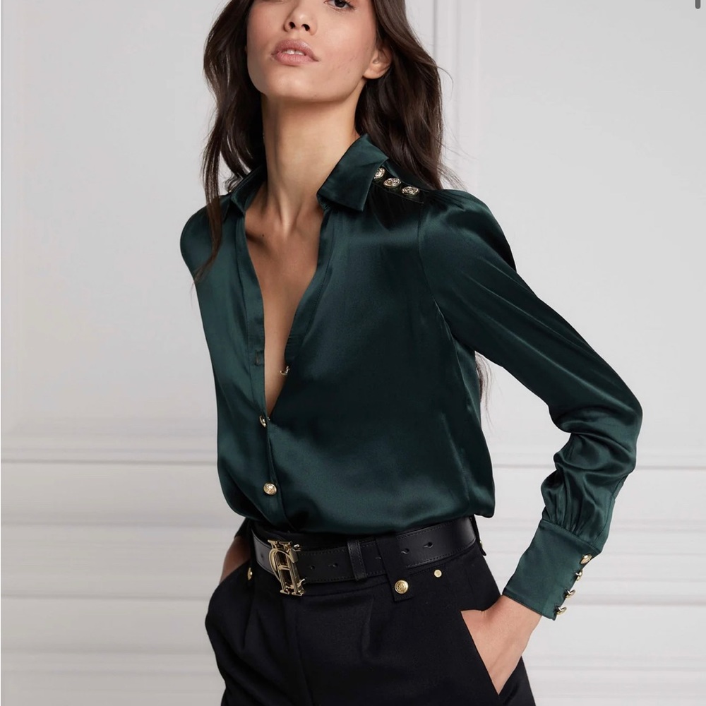 Holland Cooper - Pure Silk Jade Green Blouse with gold buttons